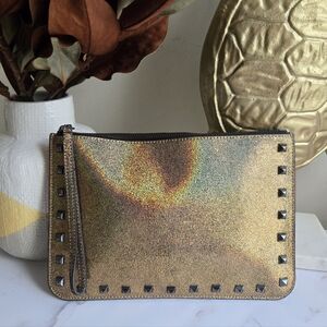 Rebeca Minkoff Kerry Gold Shimmer Studded Mermaid Large Wristlet Clutch Bag EUC